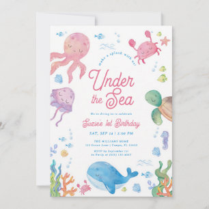 Modern Under the Sea 1st Birthday Party Invitation