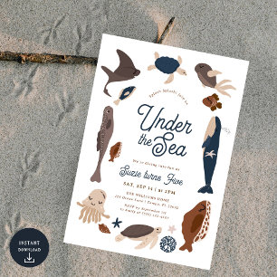 Modern Under the Sea 5th Birthday Invitation