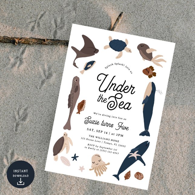 Modern Under the Sea 5th Birthday Invitation (Creator Uploaded)