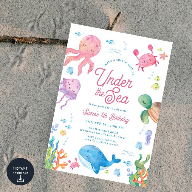 Modern Under the Sea Kids 5th Birthday Party Invit Invitation (Creator Uploaded)