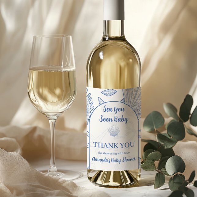 Modern Under The Sea You Soon Blue Boy Baby Shower Wine Label (Creator Uploaded)