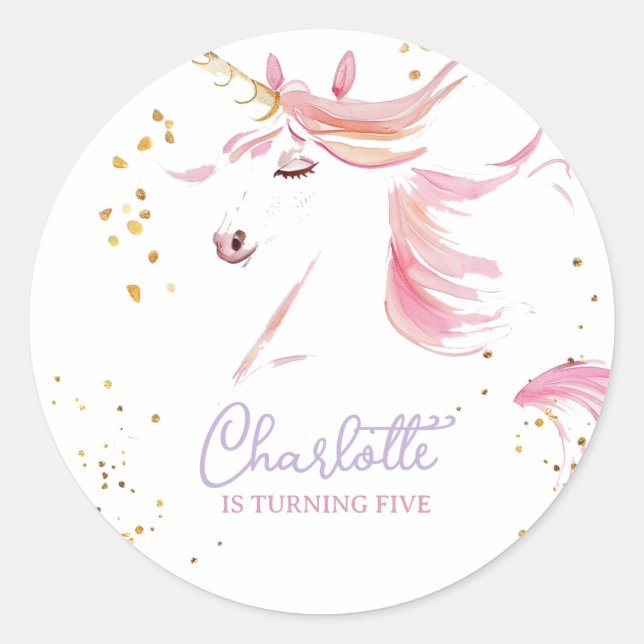 Modern Unicorn and Rainbow Pastel Birthday Classic Round Sticker (Front)