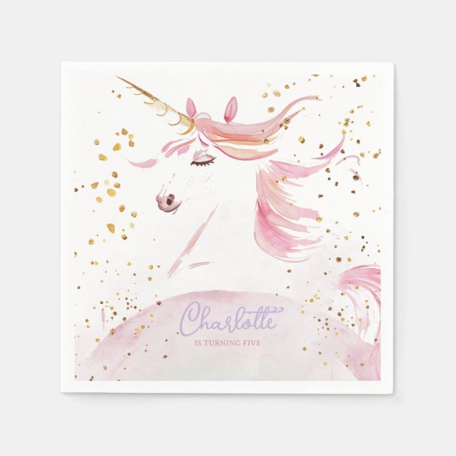 Modern Unicorn and Rainbow Pastel Birthday Napkin (Front)