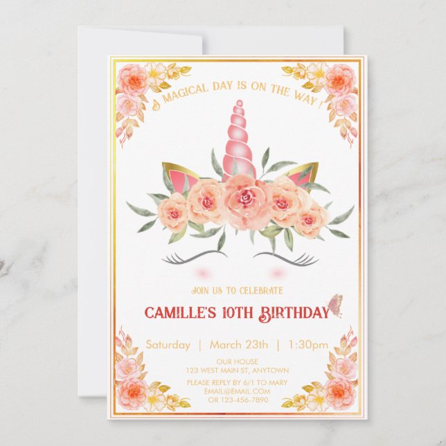 modern unicorn face with florals girl birthday  invitation (Front)