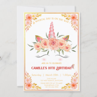 modern unicorn face with florals girl birthday invitation