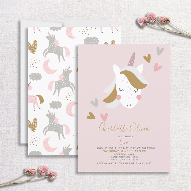 Modern Unicorn Muted Pink 1st Birthday Invitation (Creator Uploaded)