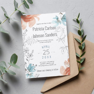 Modern unique dusty blue peach and grey wedding invitation