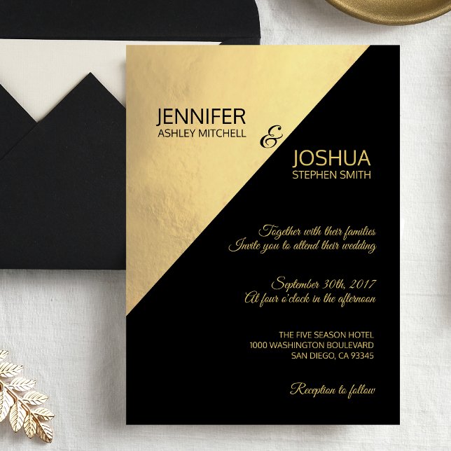 Modern Unique Elegant Black Faux Gold Foil Wedding Invitation (Creator Uploaded)