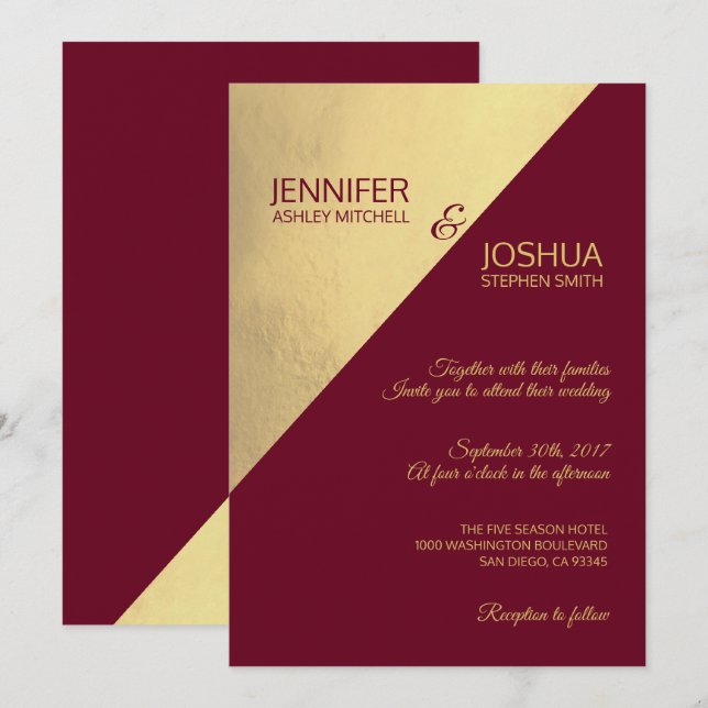 Modern Unique Elegant Burgundy & Gold Foil Wedding Invitation (Front/Back)