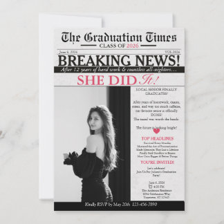 Modern Unique Fun Photo Newspaper Graduation  Invitation