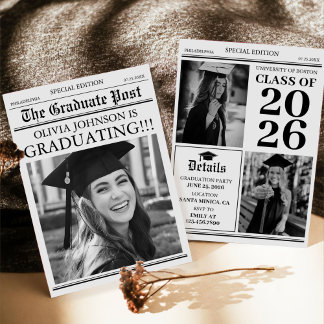 Modern Unique Fun Photo Newspaper Graduation Invitation