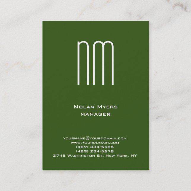 Modern unique green white monogram professional business card (Front)