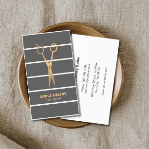 Modern Unique Grey Stripes Copper Scissor Hair Business Card