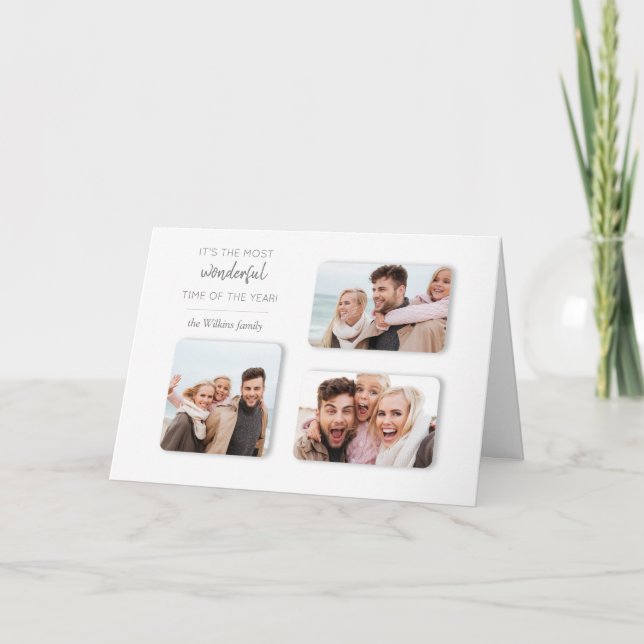 Modern Unique Holiday 3-Photo Dimensional Grid Card (Front)