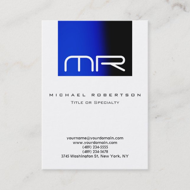 Modern Unique Monogram White Blue Business Card (Front)