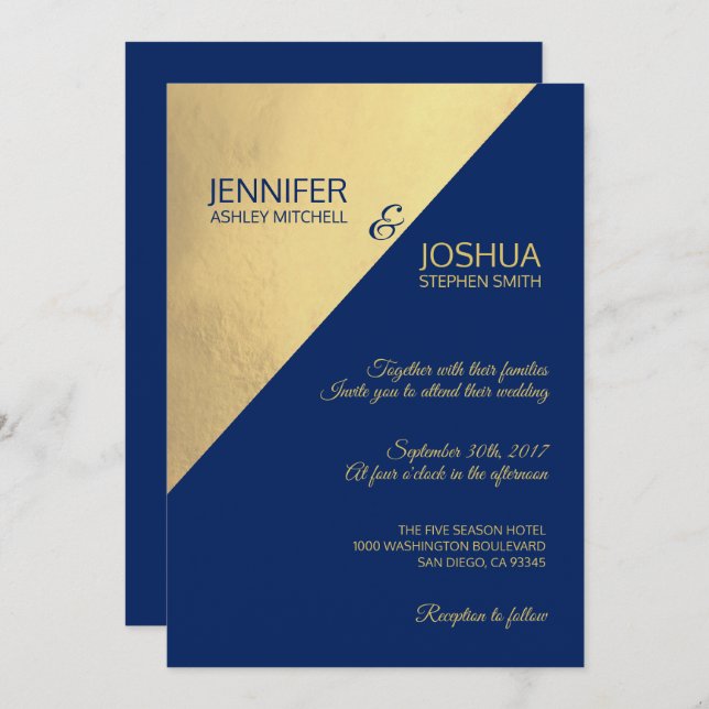 Modern Unique Navy Blue & Gold Foil Wedding Invitation (Front/Back)