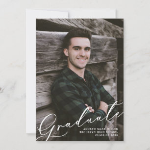 Modern Unique Script Overlay Two Photo Graduation Announcement