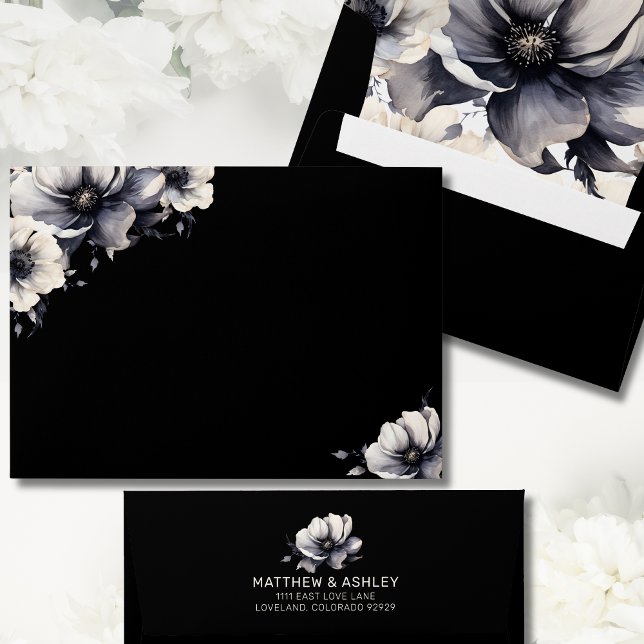 Modern Unique Trendy Elegant Black Floral Wedding Envelope (Trendy Elegant Modern Floral White Black Wedding envelope)