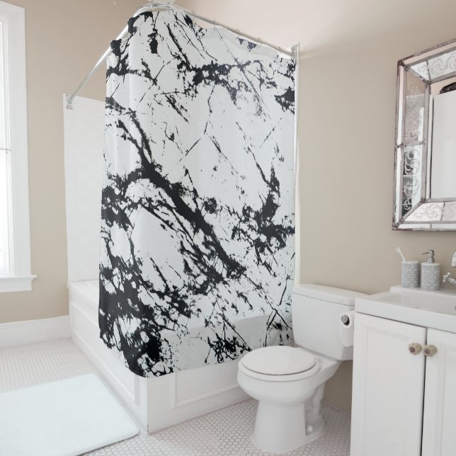 Modern Unique White Black Marble Stone Pattern Shower Curtain (In Situ)