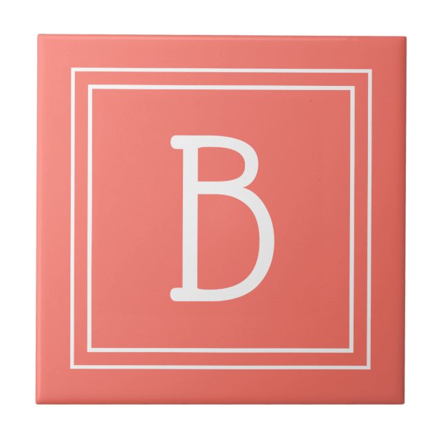 Modern Updated Monogrammed Coral & White Initial Tile (Front)