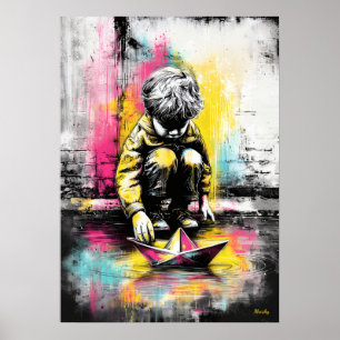 Modern Urban Emotional Child Paper Boat Art Poster