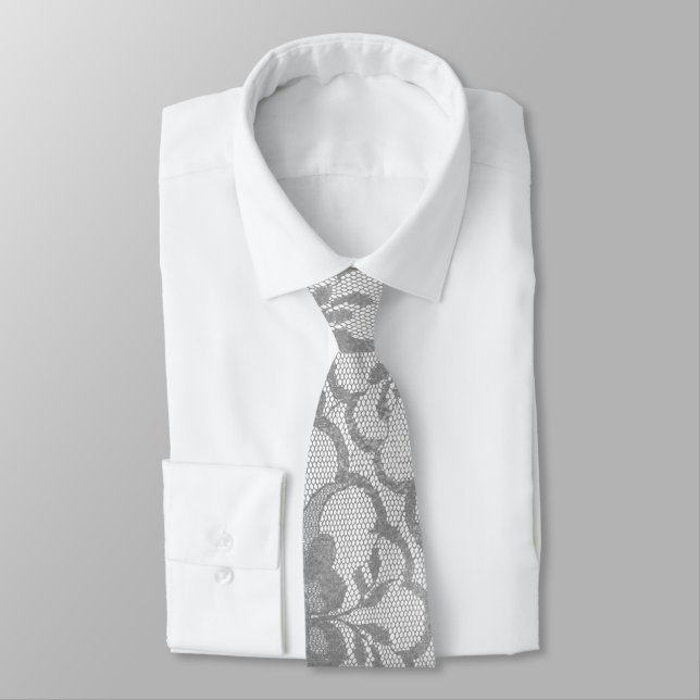 Modern Urban Grey Silver White Lace Tie (Tied)