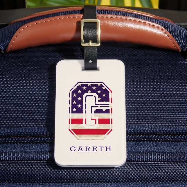 Modern USA Flag Monogram G Luggage Tag (Front Insitu 2)