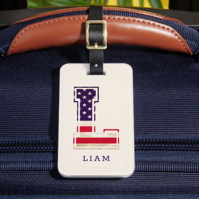 Modern USA Flag Monogram L Luggage Tag (Front Insitu 2)