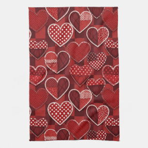 Modern Valentine Heart Red Black White Tea Towel