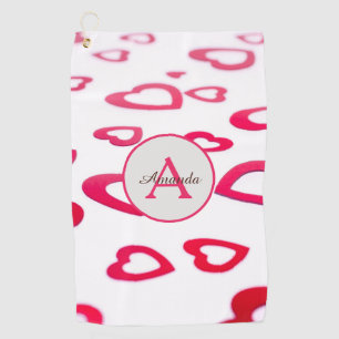 Modern Valentine red hearts with monogram and name Golf Towel