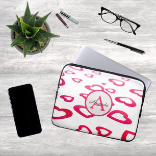 Modern Valentine red hearts with monogram and name Laptop Sleeve