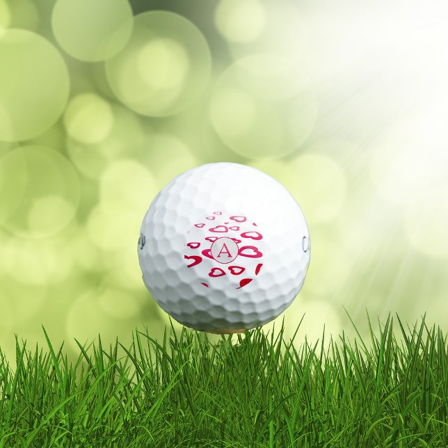 Modern Valentine red hearts with monogram Golf Balls (Creator Uploaded)