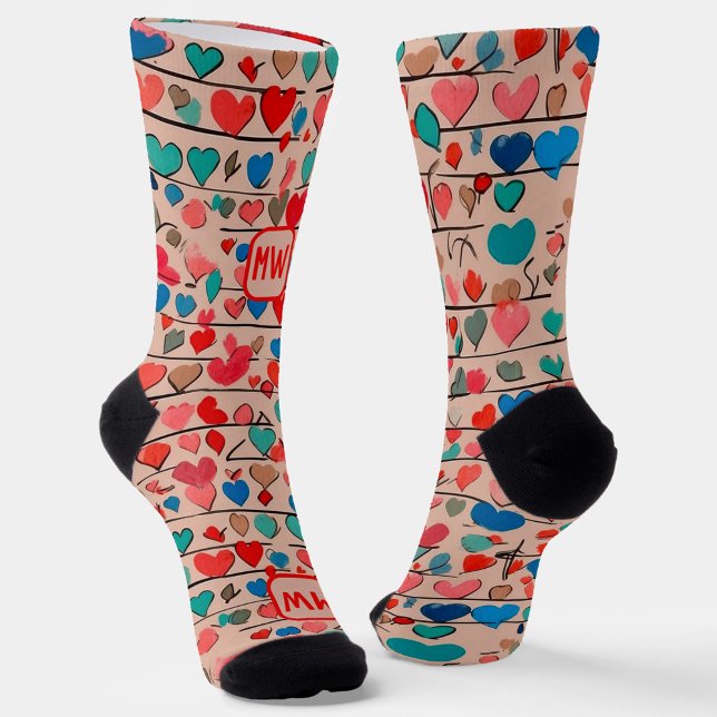Modern Valentine’s Day colourful hearts, monogram Socks (Creator Uploaded)