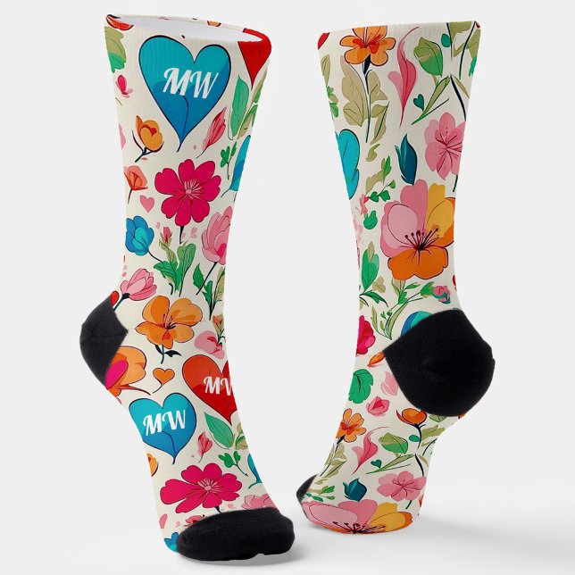 Modern Valentine’s Day floral and hearts monogram Socks (Creator Uploaded)