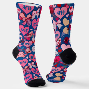 Modern Valentine’s Day floral bows hearts monogram Socks