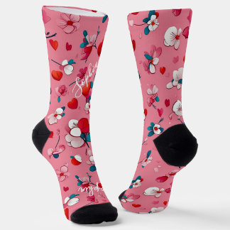 Modern Valentine’s Day, red hearts monogram, pink Socks