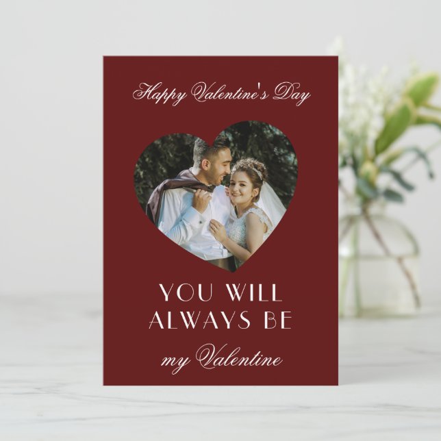 Modern Valentines Day Maroon Note Card for Couples (Standing Front)
