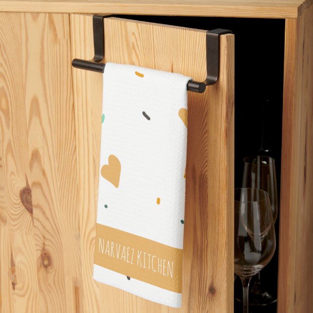 Modern Valentines Day Sprinkle Hearts Mustard     Tea Towel (Thirds Fold)