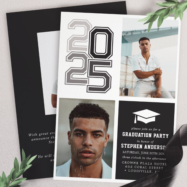 Modern Varsity Black Photo Graduation Party Invitation (Creator Uploaded)