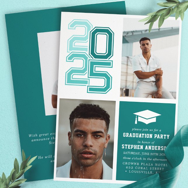 Modern Varsity Teal Photo Graduation Party Invitation (Creator Uploaded)
