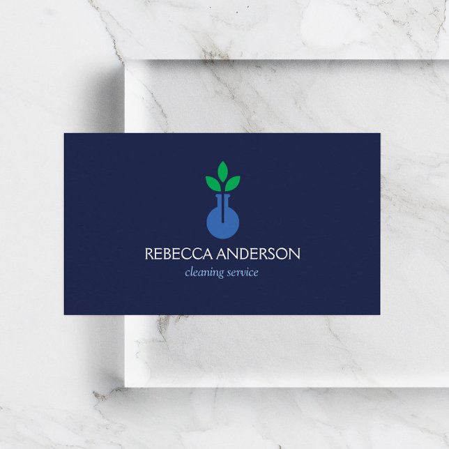 Modern Vase Logo Cleaning Service Dark Blue Business Card (Creator Uploaded)