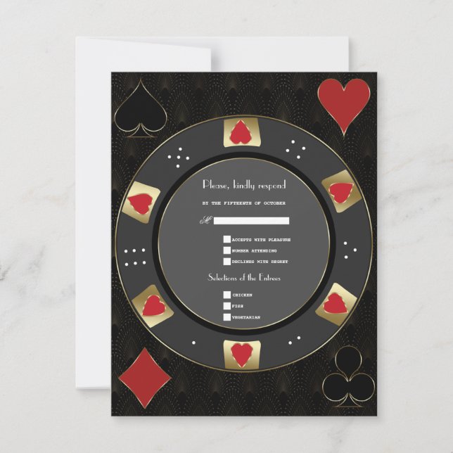 Modern Vegas Casino Gold Poker Chip Wedding RSVP Card (Front)