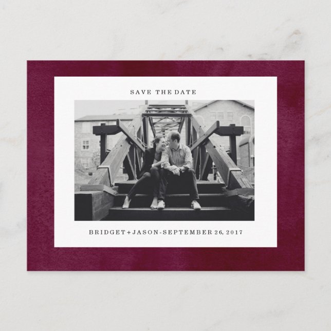 Modern Velvety BURGUNDY Photo  SAVE THE DATE Announcement Postcard (Front)