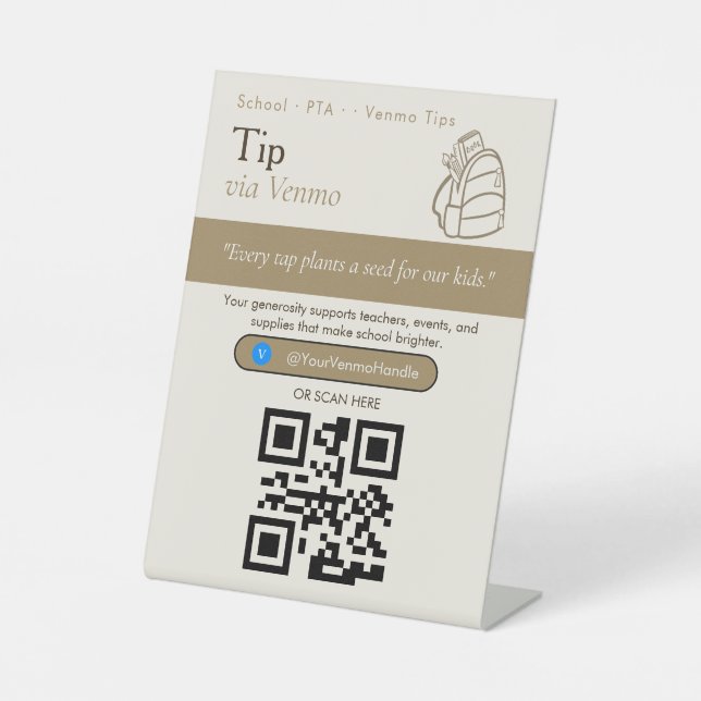 Modern Venmo Tips QR Code Sign | Venmo Tips  (Front)