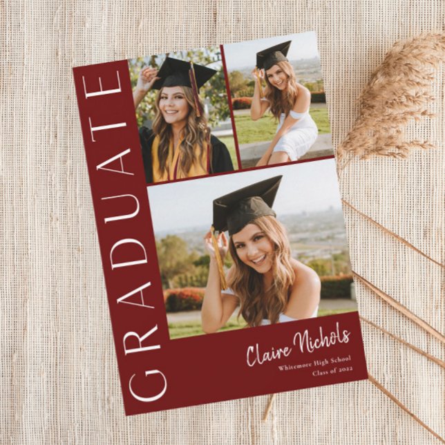 Modern Vertical 3 Photo Collage Graduation Invitation (Maroon and White Modern Typography 3 Photo Graduation Invitations.)