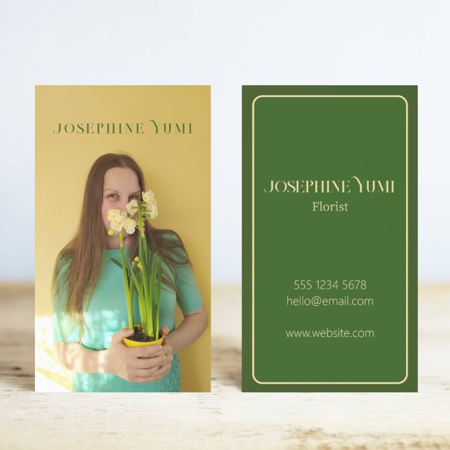 Modern Vertical Photo Flower shop Florist Green  Business Card (Creator Uploaded)