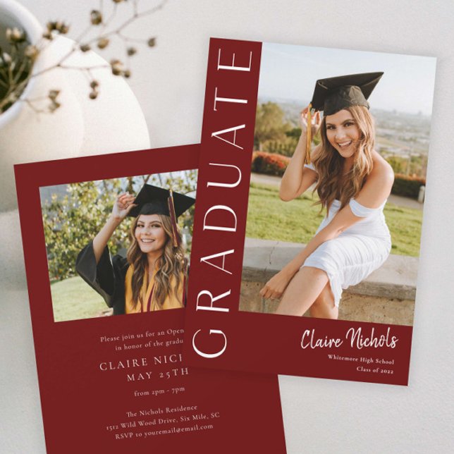 Modern Vertical Photo Graduation Invitation (Modern Maroon Photo Graduation Invitation.)