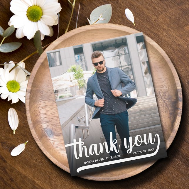 Modern Vertical Photo Graduation Thank You Card (Modern photo graduation thank you flat note cards have room for your message on the back)