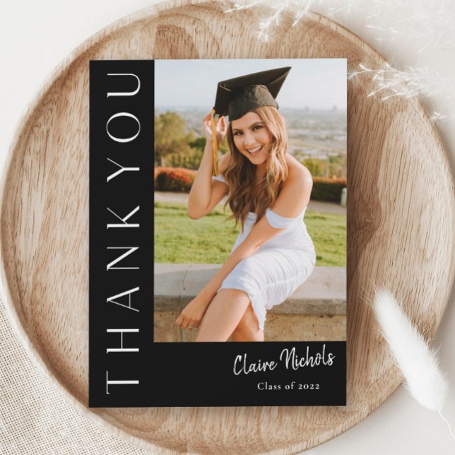 Modern Vertical Photo Graduation Thank You Card (Modern Typography Black and White Photo Graduation Thank You Cards.)