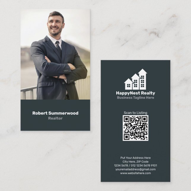 Modern Vertical Real Estate Agent Photo QR Code Business Card (Front/Back)